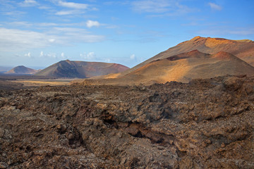 Amazing volcanic landscape in the Timanfaya national park on Lanzarote island, Canary Islands, Spain