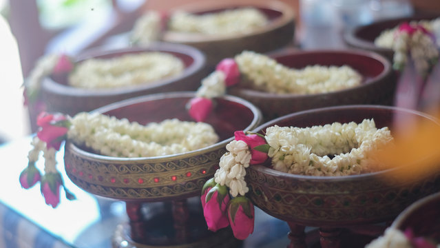 Jasmine as garland in tray for ceremony
