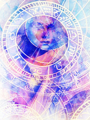 Painting Goddess Woman and zodiac. Computer collage and marble Structure.