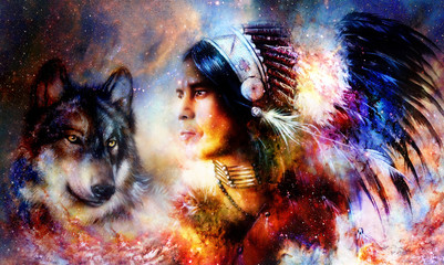 painting of a young indian warrior wearing a gorgeous feather headdress with wolf. Cosmic background. profile portrait. © jozefklopacka
