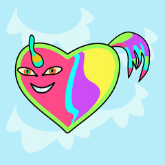 Very stylized unicorn in the shape of a heart without limbs with a corner and a tail