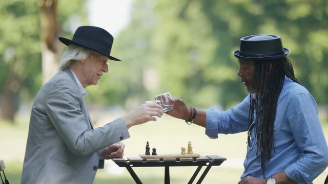 Two old friends clink glasses before a game of chess in the park