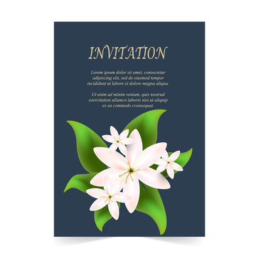 Invitation card, wedding card with white flowers bouquet in spring time on navy blue