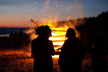 A large fire at the celebration of the summer solstice on the shore of the Gulf of Riga. Latvia.