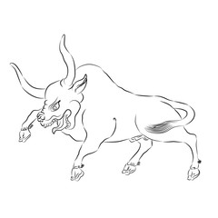 Enraged Bull Outline Vector Silhouette Illustration. Sketch Hand Drawn Vector Angry Bull. Anger Animal. Enraged Bull Leaps.