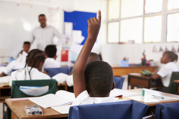 Child raising hand to answer in an elementary school lesson