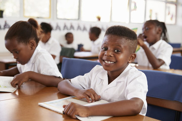Fototapeta na wymiar Elementary school boy smiling at camera at his desk in class