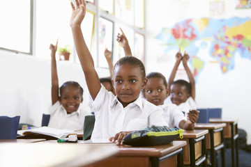 Kids raising hands during a lesson at an elementary school