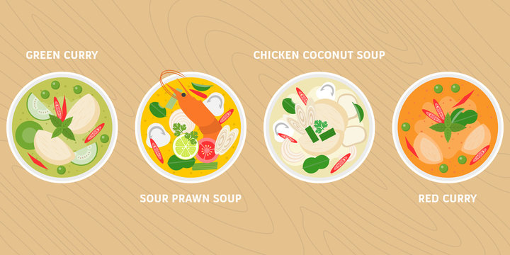 thai dish, green curry, hot and sour prawn soup, chicken in coconut milk soup, red curry, flat design vector