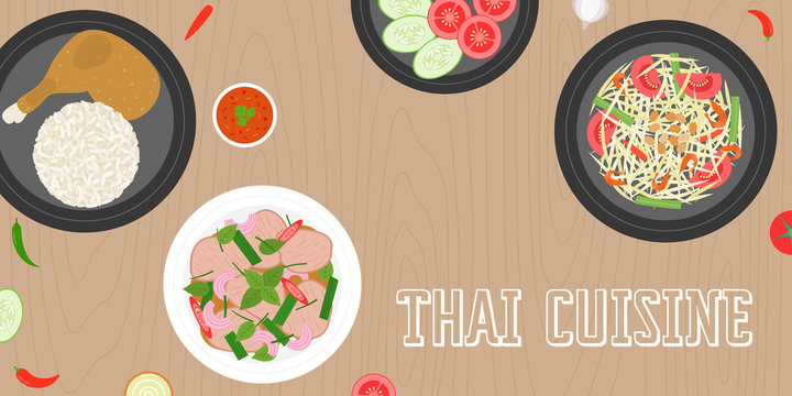 Thai cuisine, papaya salad, grilled chicken, beef sour salad, side dish and fresh ingredients on wooden background, flat design vector for banner, website cover or backdrop