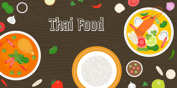 Thai food and fresh ingredients on wooden background, flat design vector for banner, website cover or backdrop