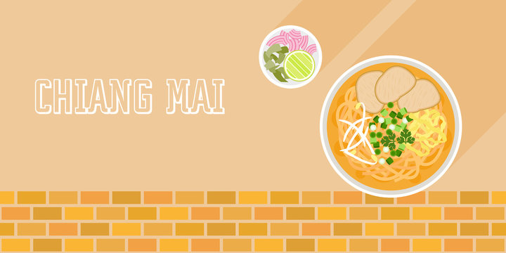 Khao Soi, coconut curry noodle soup with beef and side dish, red onions and lime, Chiang mai, Northern Thailand and Laos food, flat design vector on brick background