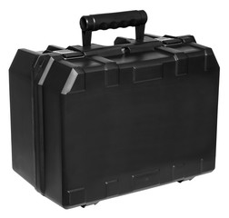 Closed black plastic tool box, isolated on white background.