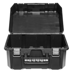 Open black plastic tool box, isolated on white background.
