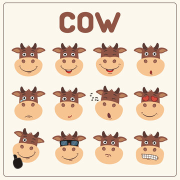 Emoticons set cartoon cow face. Collection isolated funny cow different emotion.