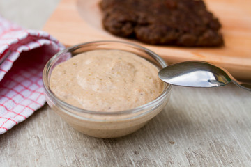mustard hamburger sauce in glass bowl
