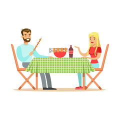 Happy couple enjoying barbeque, cheerful man and woman characters at a picnic vector Illustration