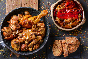 spanish roasted chicken, rabbit and vegetables
