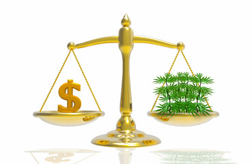 3d illustration. Balance scale of Money and  marijuana. cannabis is equal to money concept.