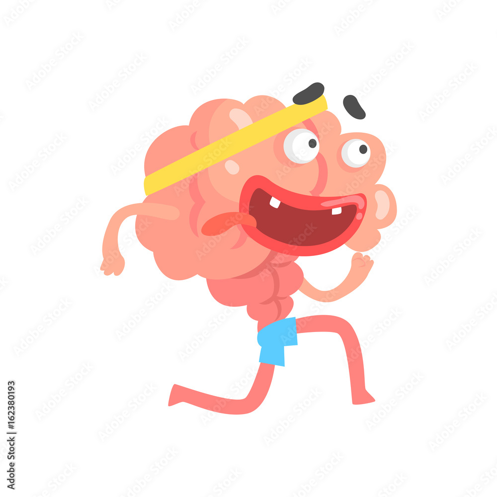 Sticker Athletic humanized cartoon brain character running, intellect human organ vector Illustration