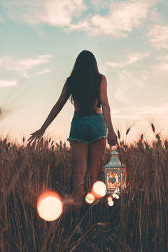 Giovane ragazza cammina tra le spighe di grano mentre tiene in mano la lanterna luminosa, al tramonto