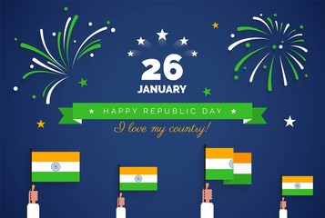 26 january. Indian Republic Day greeting card. Celebration background with fireworks, flags and text. Vector flat illustration