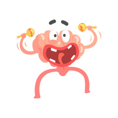 Humanized cartoon brain character playing on maracas, intellect human organ vector Illustration