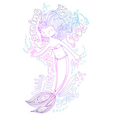 Little maimaid illustration. Card with morning lettering and vector hand draw cute mermaid silhouette
