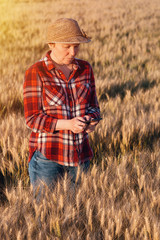 Female farmer standing in wheat field and using mobile phone