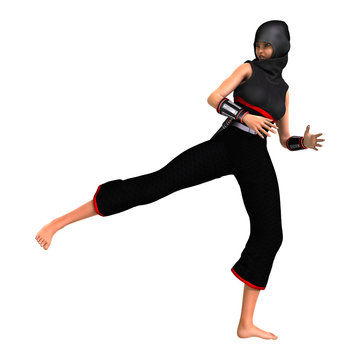 3D Rendering Female Ninja on White