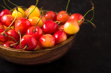 Cherry isolated on black background. Agriculture. Close-up. Top view