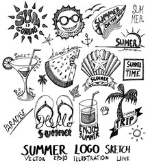 Summer logo Doodle Sketch line vector set eps10