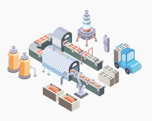 Automated production line. Factory floor with conveyor and various machines. Vector illustration in isometric projection, isolated on white background.