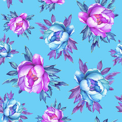 Floral seamless pattern with flowering pink and blue peonies, on blue background. Watercolor hand drawn painting illustration. Pop-art style, isolated. Design for fabric, wrap paper or wallpaper.