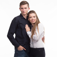 Young happy couple portrait of a confident businessman on a gray background. Ideal for banners, registration forms, presentation, landings, presenting concept.
