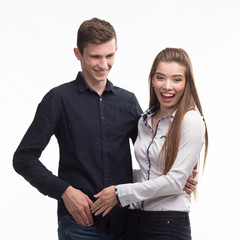 Young happy couple portrait of a confident businessman on a gray background. Ideal for banners, registration forms, presentation, landings, presenting concept.