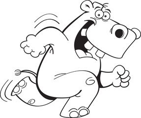 Black and white illustration of a hippo running.