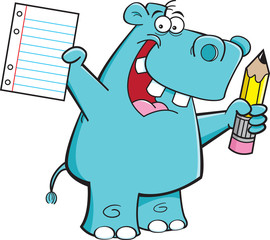 Cartoon illustration of a hippo holding a paper and a pencil.