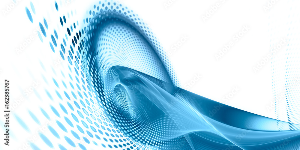 Poster Abstract background element. Fractal graphics series. Three-dimensional composition of glowing lines and mosaic halftone effects. Wide format high resolution image. Blue and white colors.