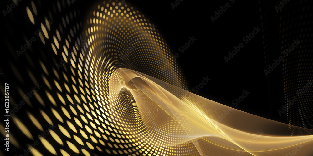 Poster Abstract background element. Fractal graphics series. Three-dimensional composition of glowing lines and mosaic halftone effects. Wide format high resolution image. Golden colors.