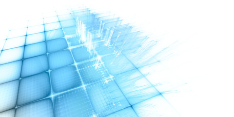 Abstract background. Fractal graphics series. Three-dimensional composition of repeating grids. Information technology concept. Wide format high resolution image. Blue and white colors.