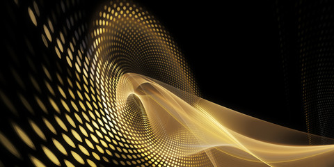 Abstract background element. Fractal graphics series. Three-dimensional composition of glowing lines and mosaic halftone effects. Wide format high resolution image. Golden colors.