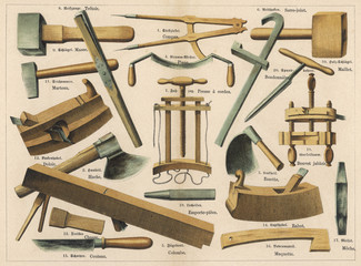 Various cooper's tools. Date: 1875 - obrazy, fototapety, plakaty