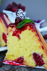 Torta soffice ai lamponi con coulis di lamponi, zucchero a velo e menta