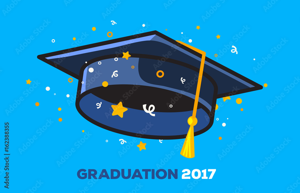 Poster Vector illustration of a black graduate cap with confetti on a blue background. Congratulation graduates 2017 class of graduations. - Posters