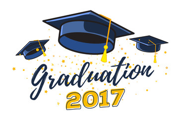 Vector illustration of black graduate caps with confetti on a white background. Congratulation graduates 2017 class of graduations. Caps are flying up.