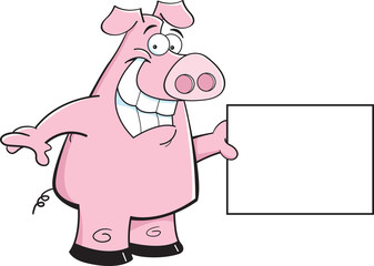 Cartoon illustration of a pig holding a sign.