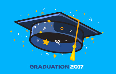 Vector illustration of a black graduate cap with confetti on a blue background. Congratulation graduates 2017 class of graduations.