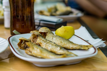 Close up of a dish with fresh fried horse mackerel. Light meals on hot summer days on the beach. Concept holiday summer lazy days. Shallow depth of focus, bokeh background.