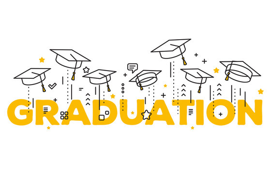 Vector illustration of word graduation with graduate caps on a white background. Caps thrown up. Congratulation graduates 2017 class of graduations.